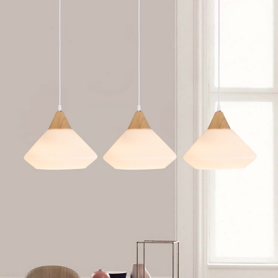 Conic Cream Glass Multiple Hanging Light Modern 3 Heads Wood Ceiling Pendant Lamp