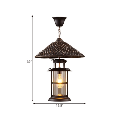 Conical Metal Pendant Lighting Fixture Farm 1 Light Living Room Hanging Lamp in Black with Lantern Clear Glass Shade