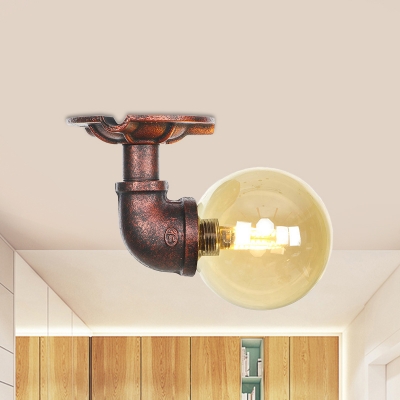 Copper 1-Light Semi Flush Mount Light Industrial Amber Glass Ball LED Ceiling Lamp Fixture