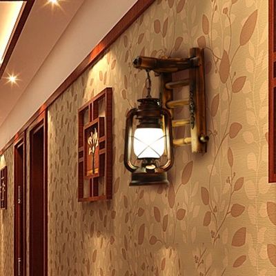 Copper Kerosene Wall Lighting Ideas Industrial Opal Glass 1-Light Bedroom Wall Sconce Light with Bamboo Ladder Deco