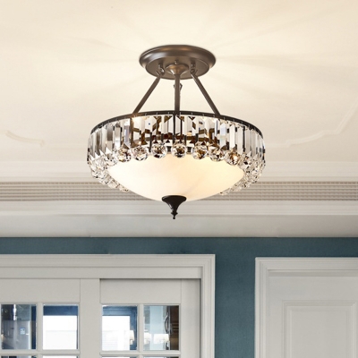 Cream Glass Brass Semi Flush Bowl 4-Light Contemporary Ceiling Flush with Crystal Accent