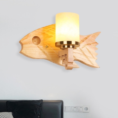 Cylinder Cracked Glass Sconce Lighting Modernist 1 Bulb Gold Wall Mounted Lamp with Fish Wood Backplate