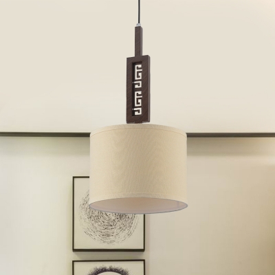 Drum Ceiling Light Minimalist Fabric 1-Light White Suspension Lamp with Brown Carved Wood Rod