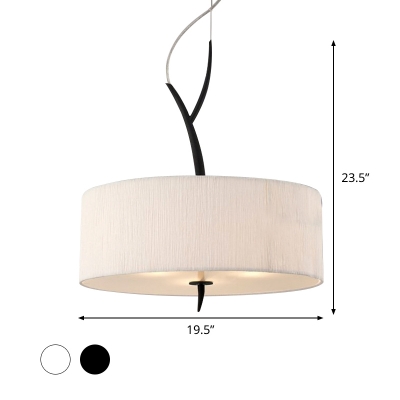 Fabric Drum Shape Chandelier Lighting Modernist 3 Bulbs White/Black Finish Ceiling Pendant Lamp