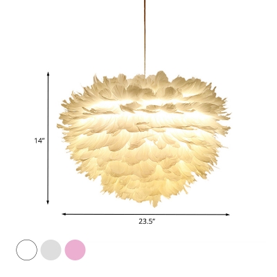 Feather Pendant Chandelier Modernism Fabric 4 Bulbs Bedroom Ceiling Hang Fixture in White/Grey/Pink
