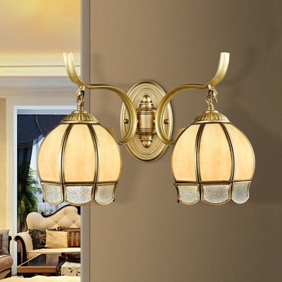 Frosted Glass Brass Sconce Light Dome Shade 1/2-Head Vintage Wall Mounted Lighting with Textured Scalloped Edge