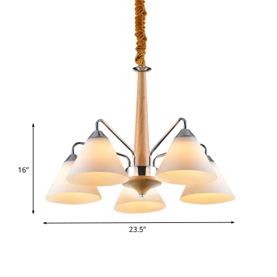 Frosted Glass Conical Ceiling Chandelier Modern 3/5 Lights Chrome and Wood Pendant Lamp Fixture