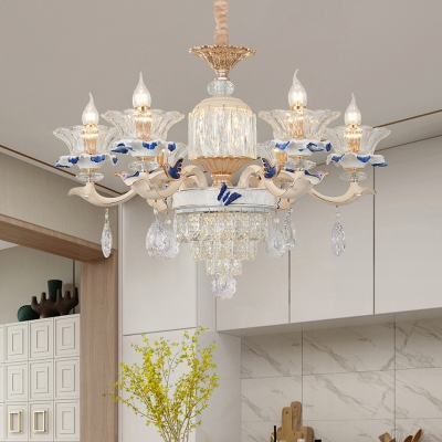 Gold 6/8 Heads Chandelier Lighting Modern Clear Crystal Flower Pendant Lamp for Bedroom