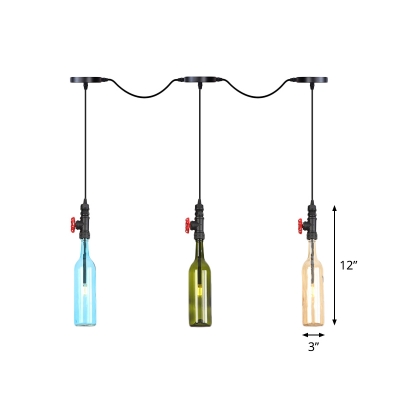 Industrial Bottle LED Multi-Light Pendant 3/5/7-Head Colorful Glass Tandem Hanging Ceiling Lamp in Black
