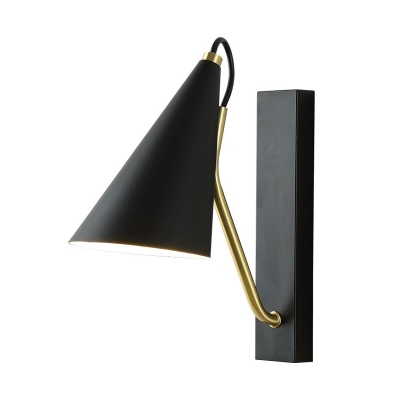 Iron Deep Cone Wall Mount Lamp Nordic Single-Bulb Bedside Sconce Light in White/Black and Brass