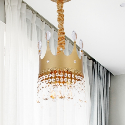 Kids Crown Shaped Ceiling Chandelier Metallic 2/4/6 Heads Bedroom Suspension Pendant in Gold with Crystal Droplet Deco