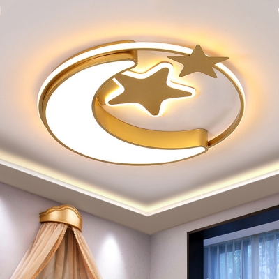 LED Bedroom Ceiling Mounted Fixture Cartoon Pink/Blue/Gold Flush Light with Moon and Star Acrylic Shade