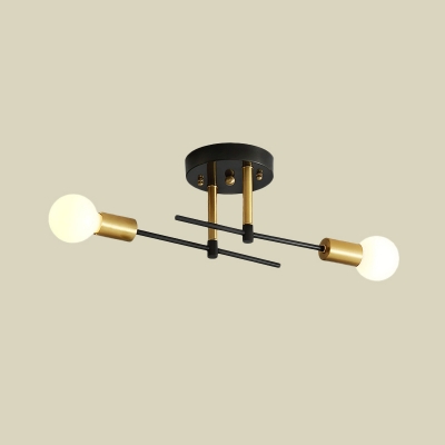 Linear Bedroom Semi Flushmount Iron 2 Bulbs Simple Flush Mount Ceiling Light Fixture in Black