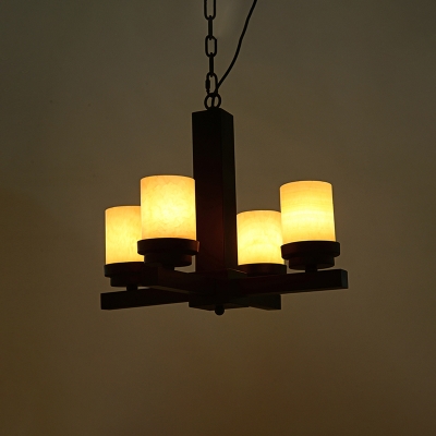 Marble White Chandelier Pendant Pillar Shade 4 Lights Rural Style Hanging Lamp with Cross Fixture Arm