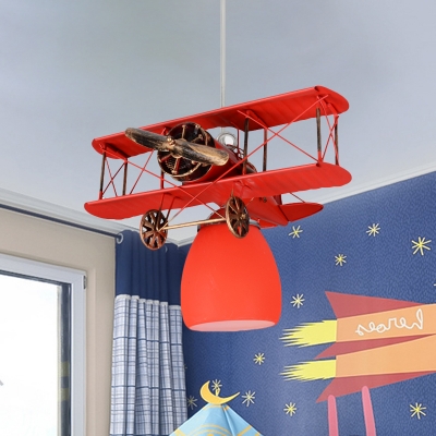 Metal Flyer Plane Pendant Light Kit Kids Single-Bulb Red/Yellow/Blue Ceiling Suspension Lamp with Bell Glass Shade