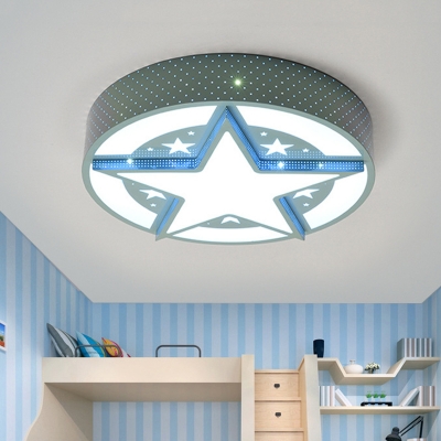 Metallic Drum and Star Flush Lamp Cartoon LED Blue Flushmount Lighting with Laser Out Design