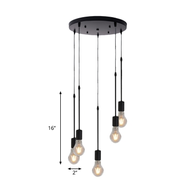 Metallic Exposed Bulb Multi Ceiling Lamp Vintage 3/5/10 Lights Coffee Shop Pendulum Light in Black with Linear/Round Canopy