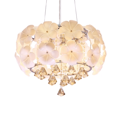 Modernist Flower Drum Chandelier 5/8-Light White Glass Pendant Lamp with Diamond Crystal Drop, 18