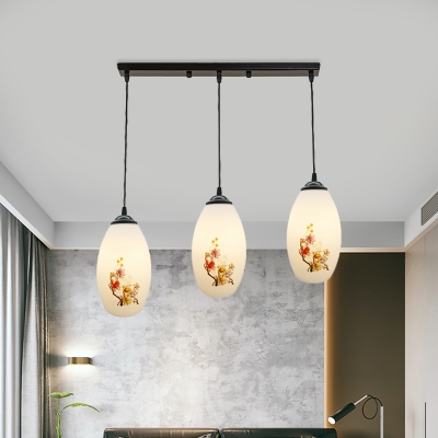 Oval Dining Room Cluster Pendant Light Pastoral Style White Glass 3-Light Black Finish Flower Pattern Hanging Lighting with Round/Linear Canopy