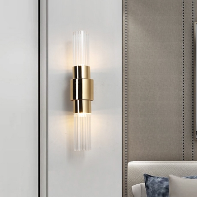 Post Modern Tube Wall Sconce Lighting Clear Ribbed Glass 2 Lights Corner LED Wall Lamp Fixture in Gold