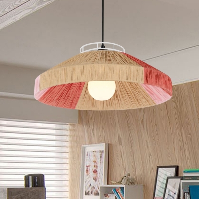 Pot-Lid Dining Table Suspension Lamp Hemp Rope 1 Head Countryside Pendant Light in Pink/Green and Beige