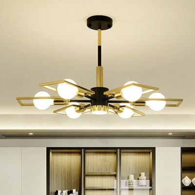 Rectangle Frame Suspension Light Post Modern Metallic 6 Bulbs Black and Gold Chandelier with Orb Opal Glass Shade