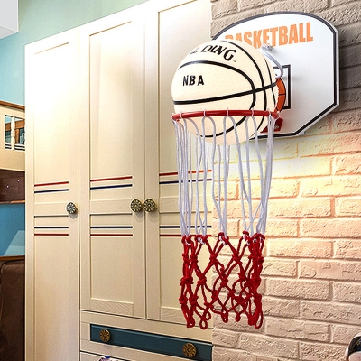 Red Basket Frame Shape Wall Mounted Lighting Cartoon 1 Head Rope Wall Lamp Sconce with Basketball Cream Glass Shade