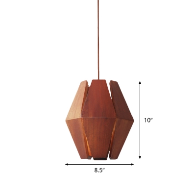 Red Brown Diamond Ceiling Light Asian Style 1-Light Wood Pendant Lamp Fixture for Restaurant