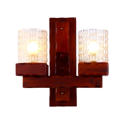 Red Brown Wall Light Fixture Classic Yellow Dimpled Glass 1/2-Light Bedroom Wall Sconce with Wood Backplate