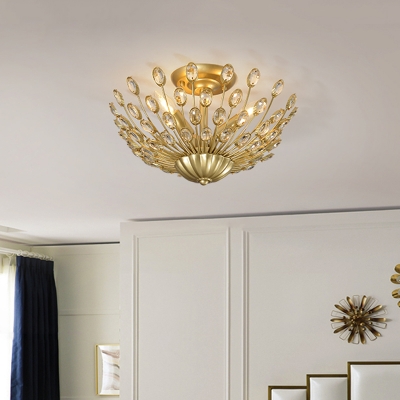 Retro Stylish Peacock Tail Ceiling Flush 3 Lights Clear Crystal Semi Mount Lighting in Gold