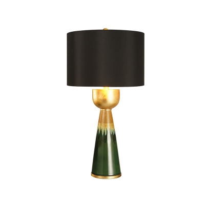 Retro Urn Base Table Lamp 1-Light Ceramic Nightstand Light with Black Drum Lamp Shade