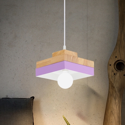 Round/Square Drop Pendant Light Modernist Iron 1-Bulb Yellow/Orange/Purple and Wood Hanging Lamp Kit for Living Room