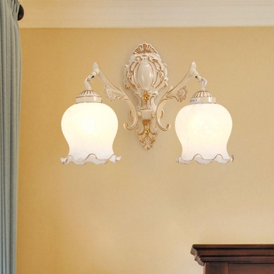 Rural Bellflower Wall Lamp 1/2-Light Opal Frosted Glass Sconce with Ruffle Edge in White