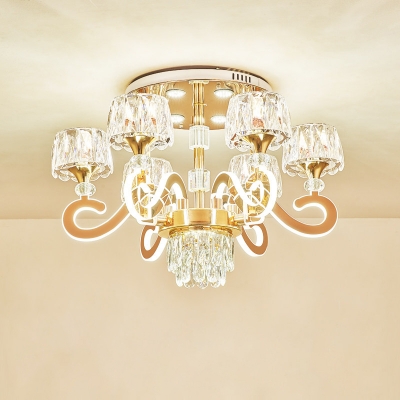 Scroll Arm Crystal Semi Flush Mount Contemporary 6/8-Light Living Room LED Close to Ceiling Lamp in Gold