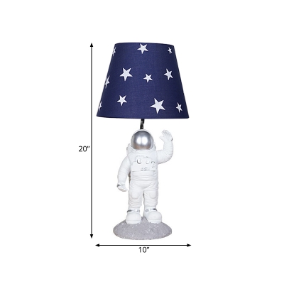 Silver/Blue Barrel Table Lighting Cartoon LED Fabric Night Lamp with Astronaut Base and Star Pattern