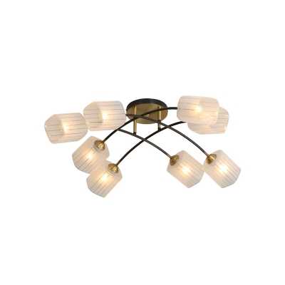 Striped Frosted Glass Cuboid Semi Flush Contemporary 6/8-Light Brass Ceiling Mount Light Fixture