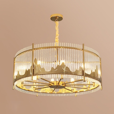 Traditionalism Circular Chandelier 8 Bulbs Crystal Rod Hanging Lamp in Gold with Mountain Edge Design