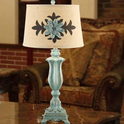 Urn Living Room Table Light Classic Resin 1 Bulb Blue Night Lamp with Drum Fabric Shade