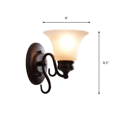 Vintage Flared Wall Lighting 1 Head Opal Matte Glass Sconce Light with Scroll Arm in Black