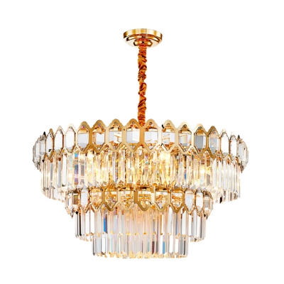 Vintage Tiered Pendant Chandelier 8 Lights Crystal Rectangle Ceiling Light in Gold