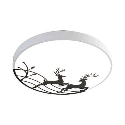 White/Black Finish Circle Flush Light Fixture Modernist LED Metal Flush Mounted Lamp with Deer Pattern