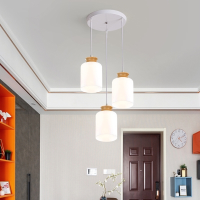 White Cylinder Multiple Hanging Light Modern 3 Heads Opal Glass Pendant Lamp with Wood Top, Round/Linear Canopy