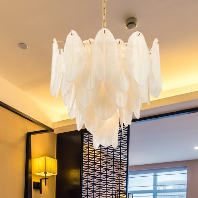 White Textured Glass Leaf Chandelier Contemporary 6 Bulbs Hanging Light Kit in Gold