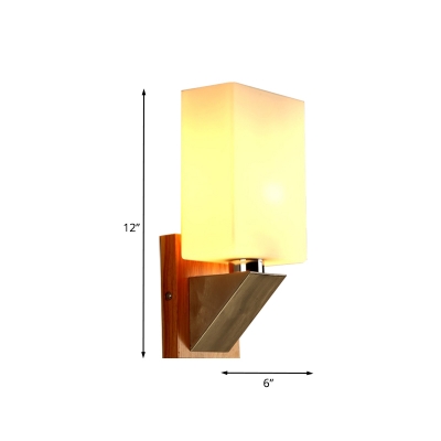 Wood Cuboid Wall Lighting Modernist 1 Head White Frosted Glass Wall Sconce Lamp with Triangle Metal Base