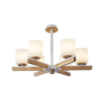 Wood Cylinder Ceiling Chandelier Modernist 6-Head White Frosted Glass Radial Suspension Light