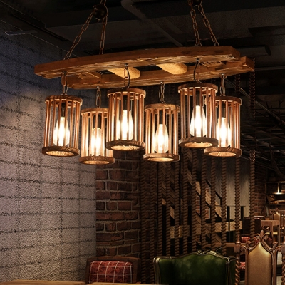 Wood Cylinder Island Light Fixture Factory Wood 6-Bulb Dining Room Pendant Lamp with Ladder Deco