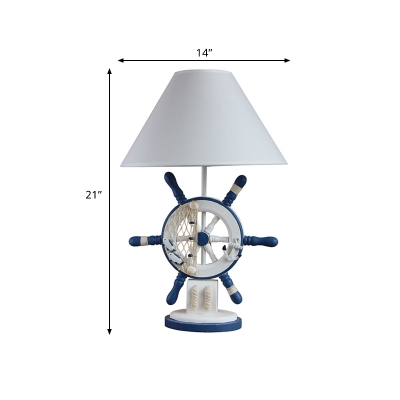 Wood Marine Rudder Table Lighting Kids Style Single Blue Night Lamp with Wide Cone Shade