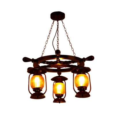Yellow Glass Kerosene Ceiling Chandelier Vintage 3-Head Bedroom Suspension Pendant in Copper with Wood Rudder Deco