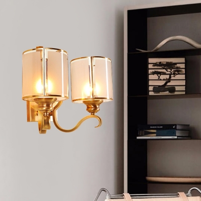 1/2-Light Curved Arm Wall Lighting Vintage Gold Metal Wall Mounted Lamp with Cylinder Translucent Glass Shade