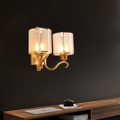 1/2-Light Curved Arm Wall Lighting Vintage Gold Metal Wall Mounted Lamp with Cylinder Translucent Glass Shade
